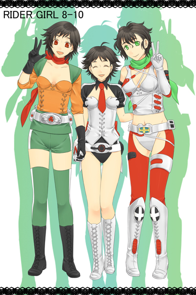 :d ^_^ ^o^ bangs bare_shoulders belt black_footwear black_gloves black_hair boots breasts closed_eyes closed_mouth collarbone crop_top cross-laced_footwear detached_collar elbow_gloves full_body gloves green_legwear green_scarf green_shorts groin head_tilt height_difference holding_hands interlocked_fingers kamen_rider kamen_rider_super-1 kamen_rider_zx knee_boots lace-up_boots leotard long_sleeves looking_at_viewer medium_breasts multiple_girls navel necktie open_mouth red_eyes red_neckwear red_scarf rider-tan scarf short_hair shorts silhouette simple_background skyrider sleeveless sleeves_pushed_up small_breasts smile standing stomach thigh_gap thighhighs v white_background white_footwear white_gloves yamamaru