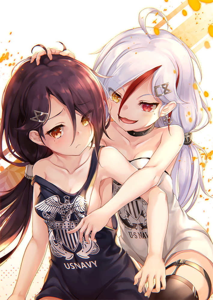 2girls :&lt; ahoge anchor_earrings assisted_exposure azur_lane bare_shoulders black_hair breasts brown_eyes cassin_(azur_lane) cleavage collar collarbone commentary_request cowboy_shot downes_(azur_lane) hair_ornament hairclip hand_on_another's_head heterochromia jewelry kurenai_musume long_hair low_ponytail medium_breasts mole mole_under_eye multicolored_hair multiple_girls no_bra ponytail red_eyes red_hair remodel_(azur_lane) revision shirt sideboob strap_slip streaked_hair thighhighs two-tone_hair white_hair yellow_eyes