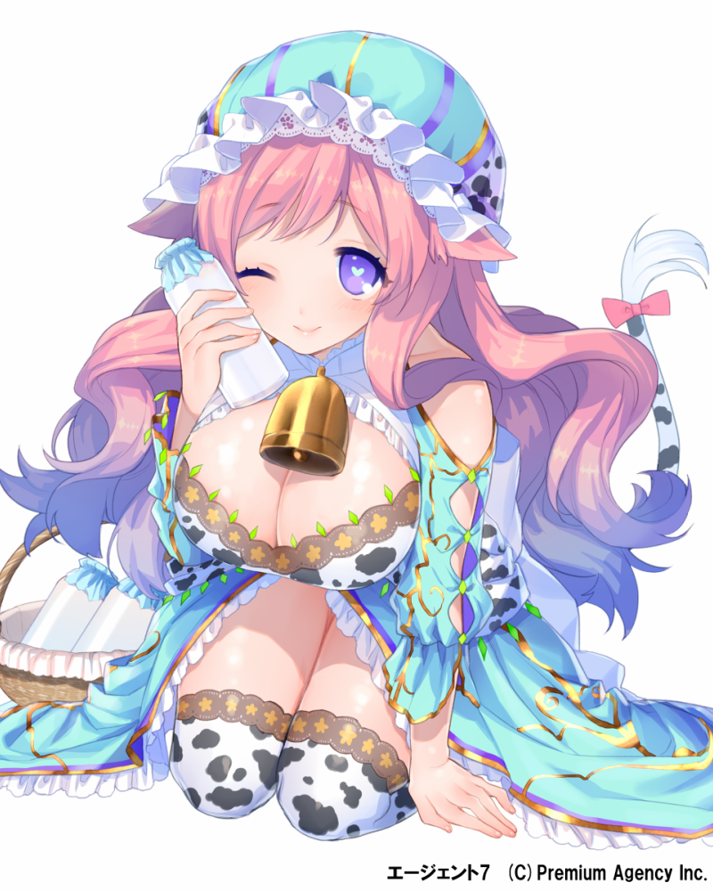 agent_7 animal_ears animal_print bad_id bad_pixiv_id basket bell bottle bow breasts cleavage cow_bell cow_ears cow_girl cow_print cow_tail hat heart heart-shaped_pupils large_breasts long_hair looking_at_viewer megurine_luka milk_bottle official_art pink_hair purple_eyes simple_background smile solo symbol-shaped_pupils tail tail_bow thighhighs white_background yuuhi_homare