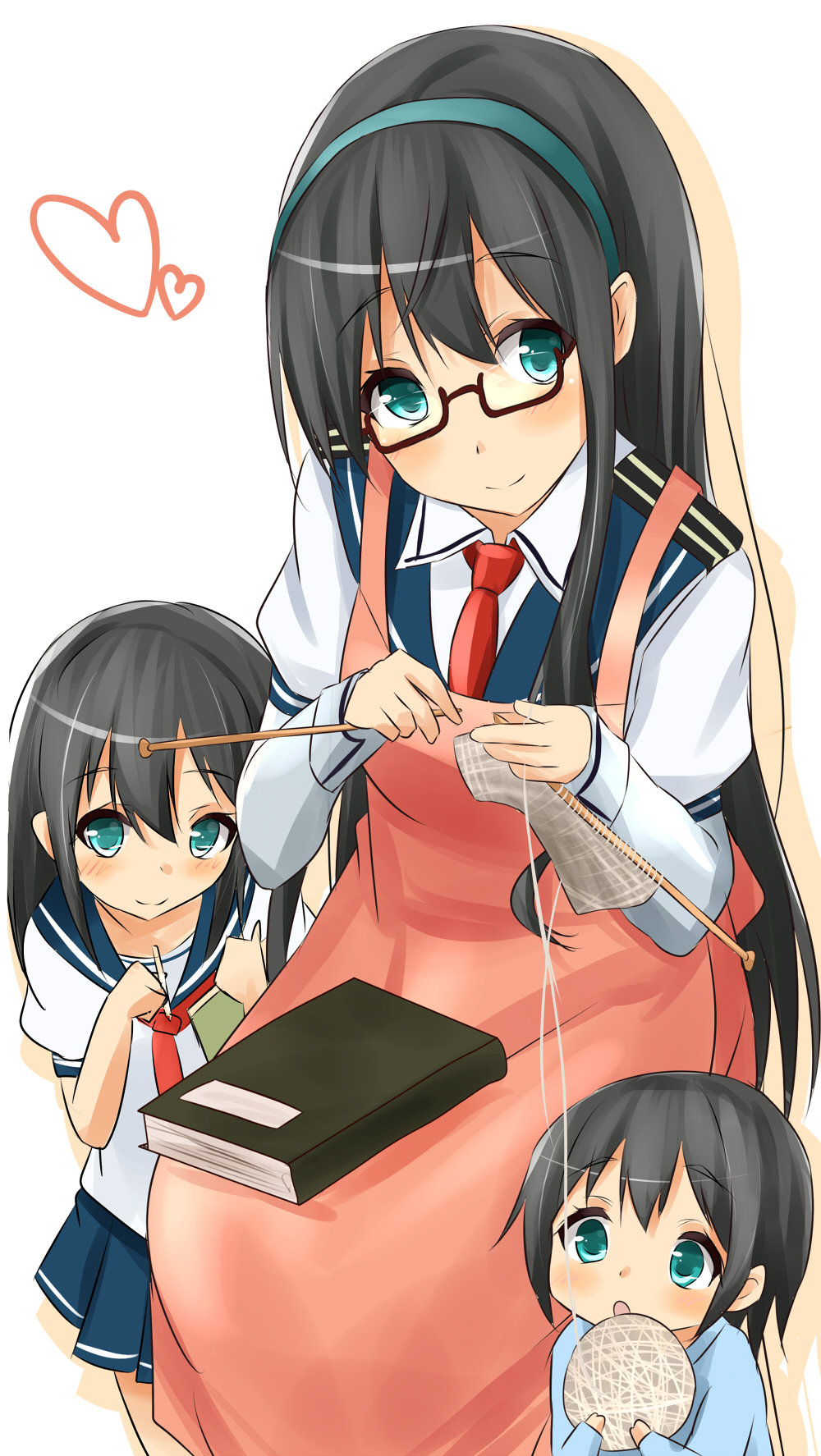 apron aqua_eyes aqua_hairband black_legwear book commentary_request crochet dress_shirt glasses hairband highres if_they_mated kantai_collection knitting long_hair looking_at_viewer mother_and_daughter multiple_girls neckerchief ooyodo_(kantai_collection) open_mouth red-framed_eyewear saku_(kudrove) school_uniform serafuku shirt short_hair smile yarn yarn_ball younger