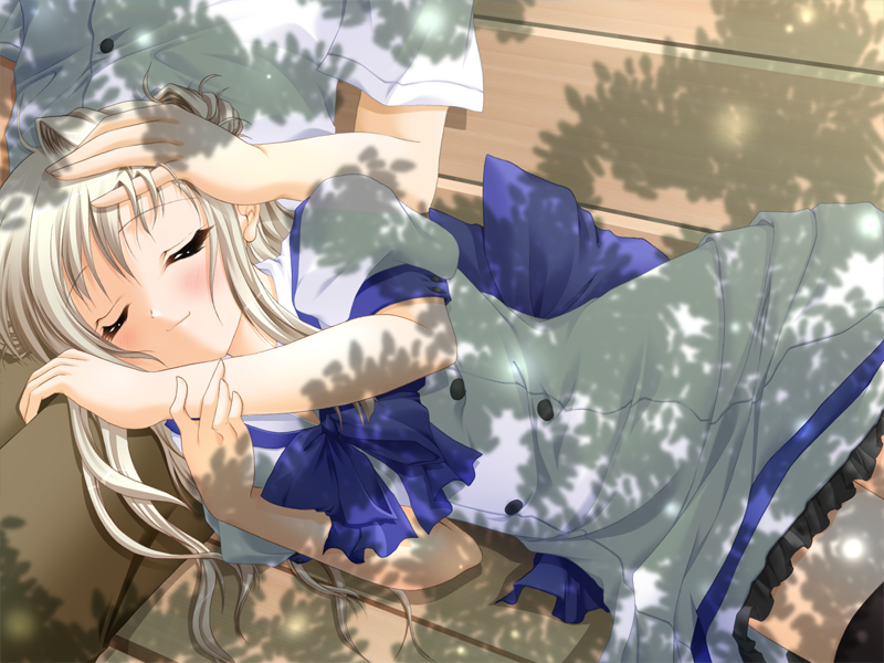 1girl aozora_no_mieru_oka bench blonde_hair closed_eyes dappled_sunlight hayami_iori hetero lap_pillow long_hair non-web_source school_uniform shade sleeping solo_focus sunlight thighhighs