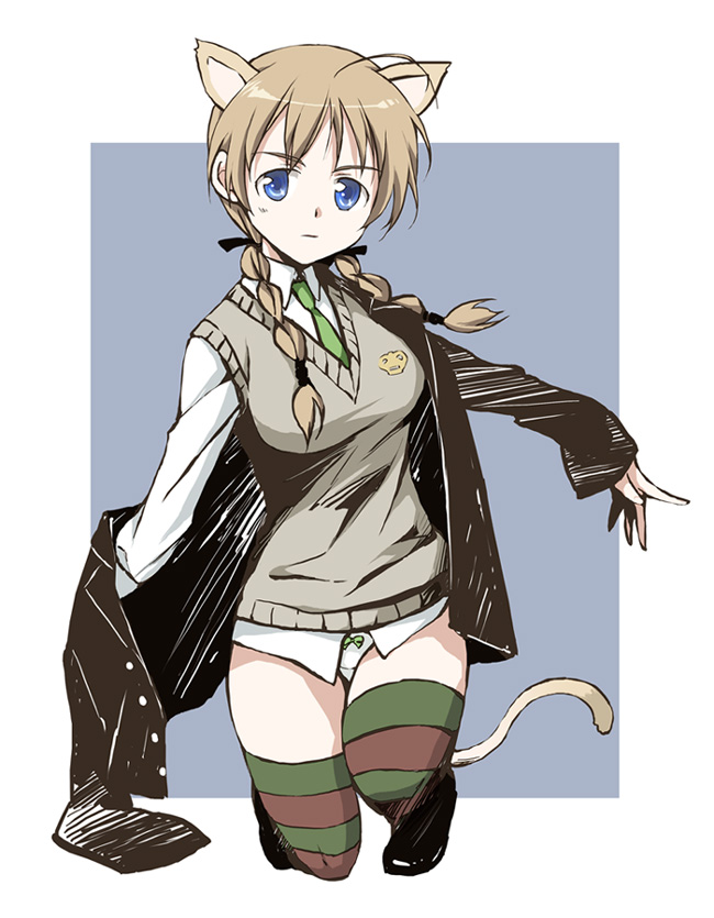agahari animal_ears blue_eyes bow bow_panties braid breasts brown_hair cat_ears cat_tail hair_over_shoulder jacket large_breasts long_hair lynette_bishop panties solo strike_witches striped striped_legwear tail thighhighs twin_braids twintails underwear uniform world_witches_series