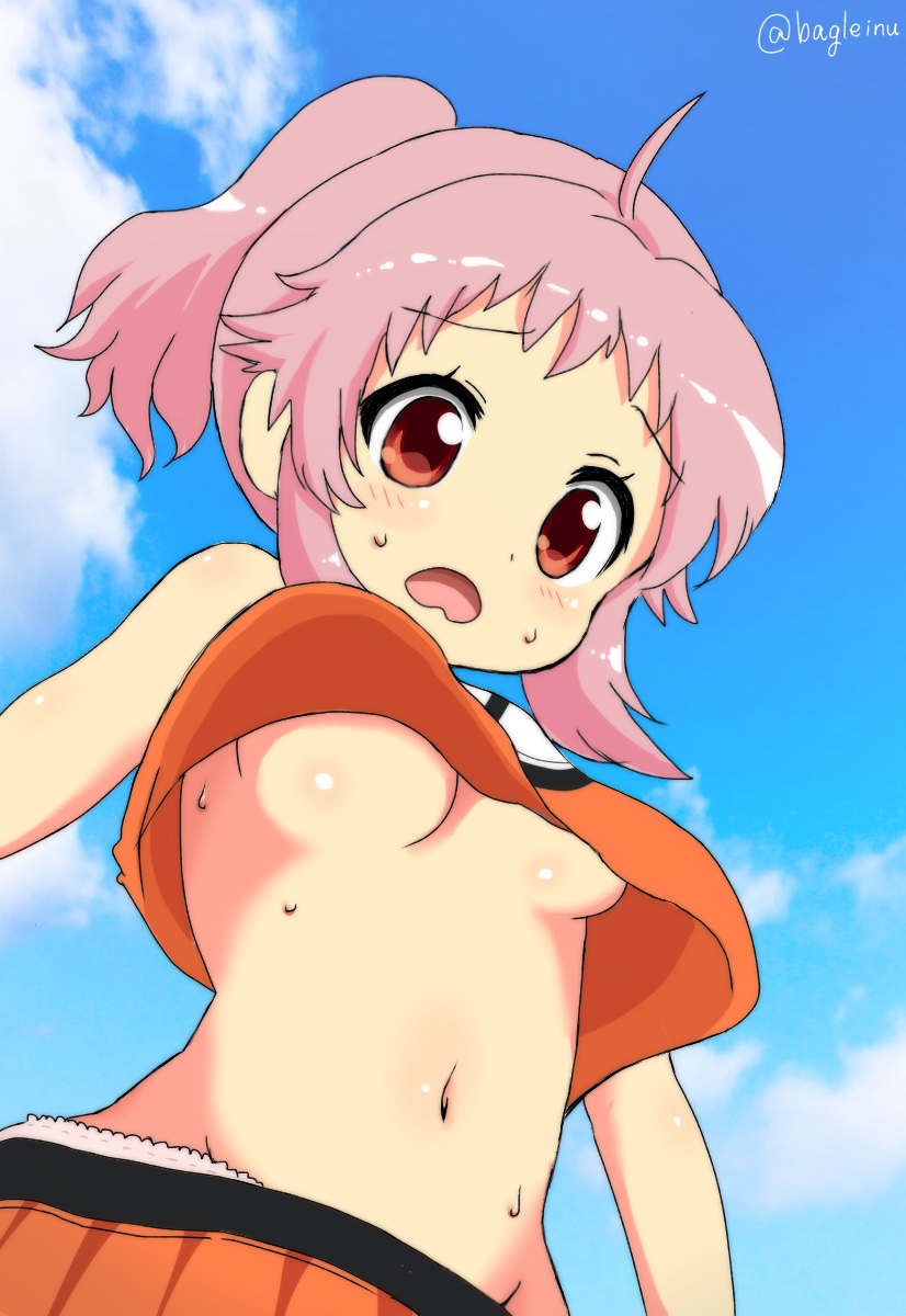 10s 1girl ahoge anima_yell! artist_name bagleinu bare_shoulders blush breasts cloud crop_top eyebrows_visible_through_hair from_below hatoya_kohane medium_breasts medium_hair navel no_bra open_mouth outdoors pink_hair ponytail red_eyes sky solo standing sweat tied_hair underboob upshirt