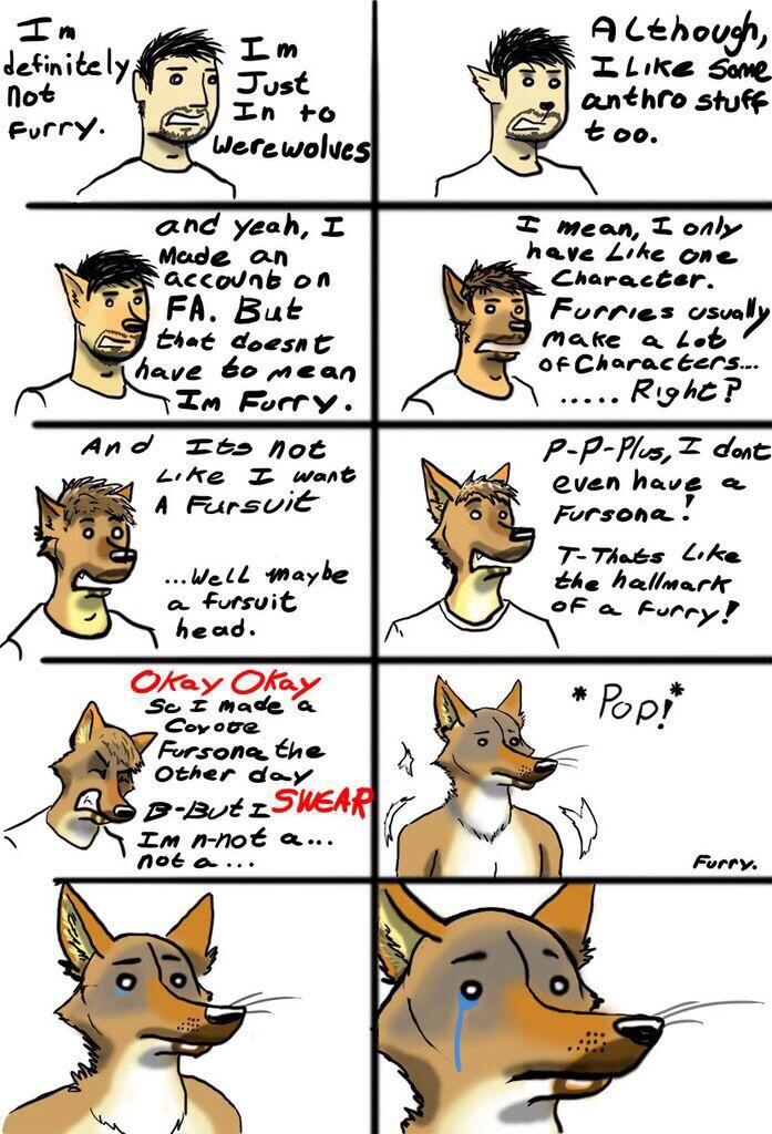 anthro black_hair black_nose brown_fur canine clothed clothing colored comic crying denial dialog ear_tuft ears_up english_text facial_hair fox fur furry_fandom goatee hair human male mammal nude plain_background ripping sad sharp_teeth solo teeth text the_truth topless transformation white_background white_belly white_fur white_shirt zed-the-otter
