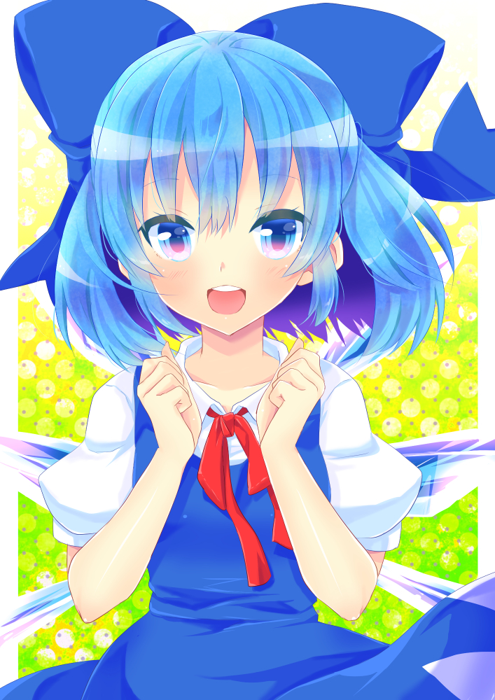 blue_eyes blue_hair blush bow cirno gradient_eyes hair_bow ice ice_wings multicolored multicolored_eyes open_mouth pengin_guriko pink_eyes short_hair smile solo touhou wings