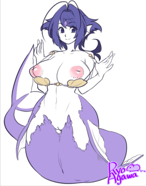 1girl agawa_ryou antennae areolae artist_name bare_shoulders blue_eyes blue_hair bra bra_pull breasts female hands head_fins inverted_nipples large_breasts looking_at_viewer mermaid monster_girl navel nipples original partially_colored puffy_nipples pussy simple_background sketch solo text uncensored underwear white_background wide_hips