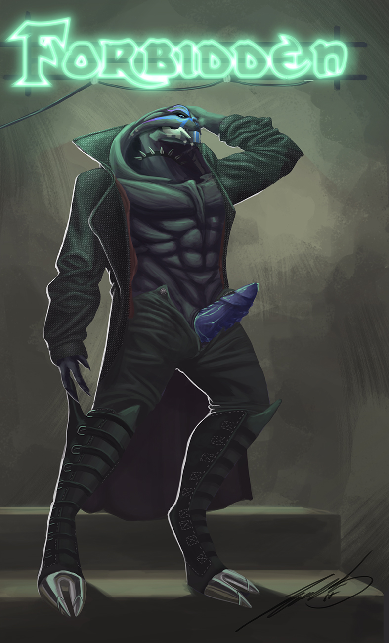 abs alien anthro clothed clothing coat collar drawwithlaura english_text erection genital_slit grin half-dressed jacket looking_at_viewer looking_down male manly mass_effect muscles pecs penis shorts sign slit solo spikes standing text turian