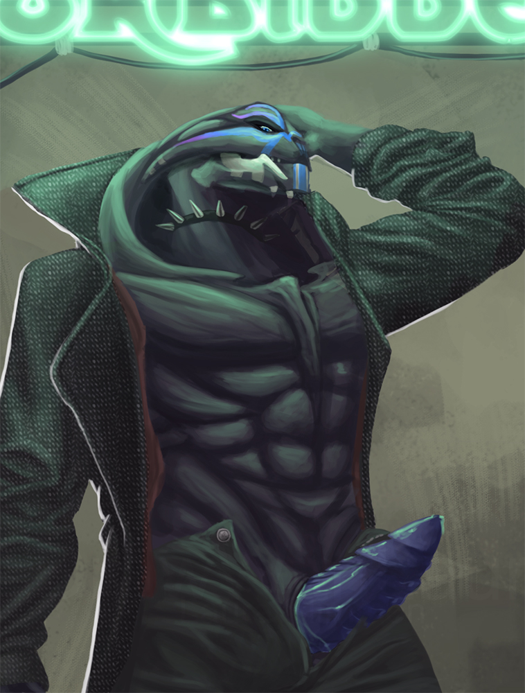 2014 abs alien anthro close-up clothed clothing collar drawwithlaura english_text erection half-dressed jacket looking_down male manly mass_effect muscles pecs penis shorts sign solo spikes standing text turian