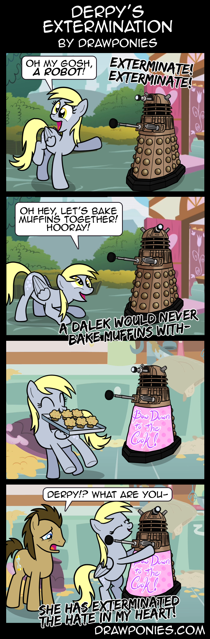 apron baking_tray blonde_hair blue_eyes brown_hair comic cutie_mark dalek derp_eyes derpy_hooves_(mlp) dialog doctor_whooves_(mlp) drawponies earth_pony english_text equine female food friendship_is_magic hair horse male mammal muffin my_little_pony pegasus pegasuses pony smile text wings