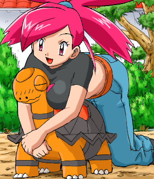 1girl asuna asuna_(pokemon) breasts gym_leader lowres pokemoa pokemon ponytail red_eyes red_hair torkoal