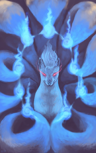 better_version_at_source blue_fire canid canine colored_fire fire fox generation_1_pokemon looking_at_viewer mammal multi_tail ninetales nintendo pokemon pokemon_(species) realistic rhyu shiny_pokemon solo tail