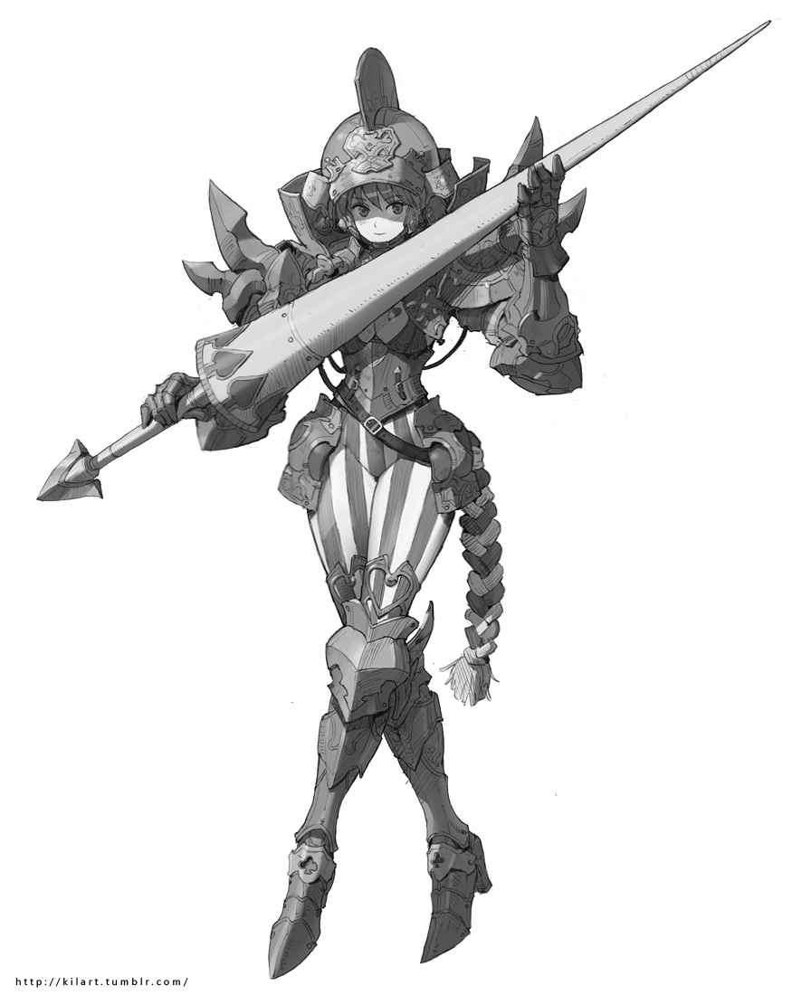 armor breasts buckle corset crossed_legs faulds full_armor gauntlets greaves greyscale helmet kilart lance medium_breasts monochrome original pauldrons polearm smile solo standing striped vertical_stripes watson_cross weapon