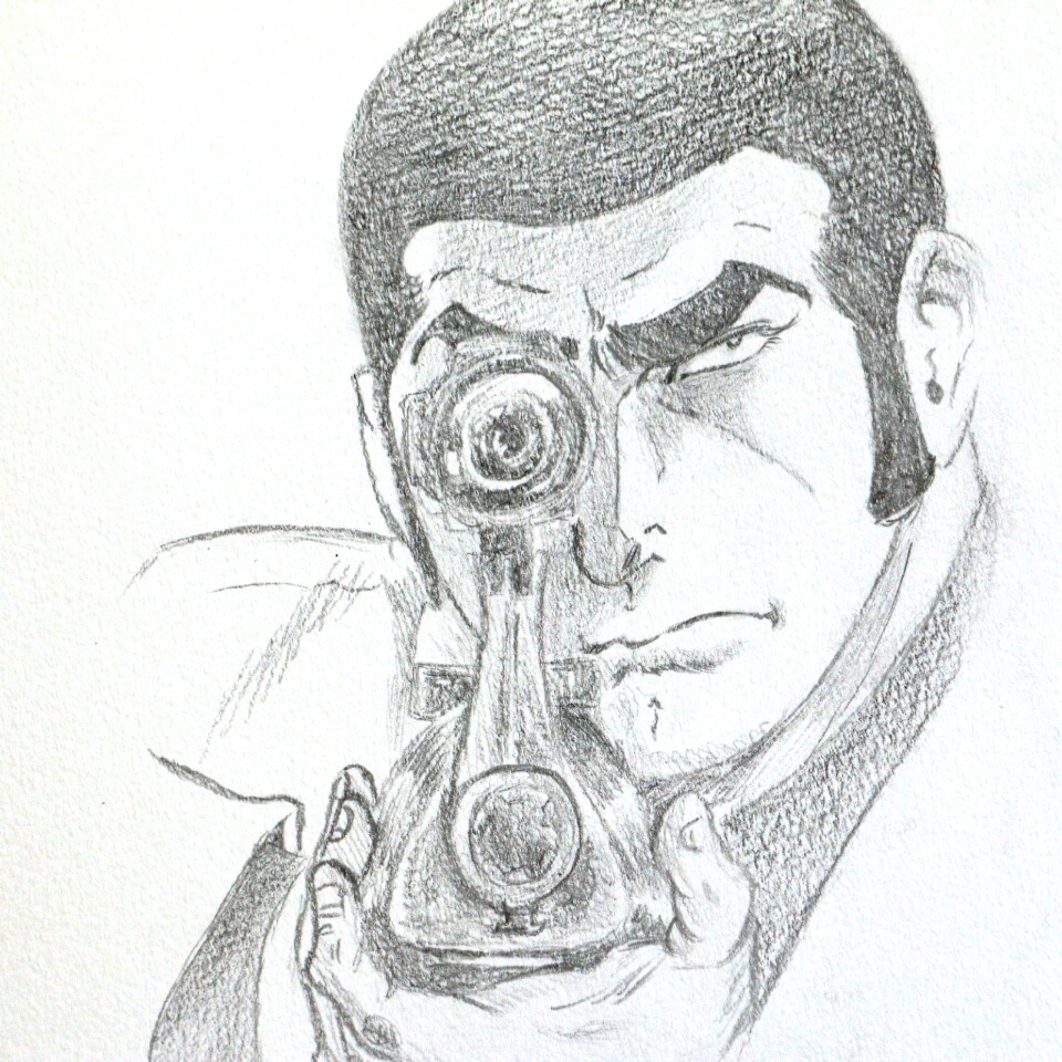 aiming aiming_at_viewer duke_togo golgo_13 gun m-16 male male_focus rifle scope sketch solo weapon