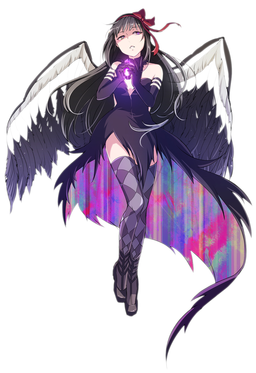 1girl akemi_homura akuma_homura argyle argyle_legwear bare_shoulders black_hair bow choker dark_orb_(madoka_magica) dress elbow_gloves feathered_wings gloves hair_bow highres long_hair, looking_to_the_side mahou_shoujo_madoka_magica mahou_shoujo_madoka_magica_movie null_(chronix) purple_eyes simple_background solo spoilers thighhighs transparent_background wings zettai_ryouiki