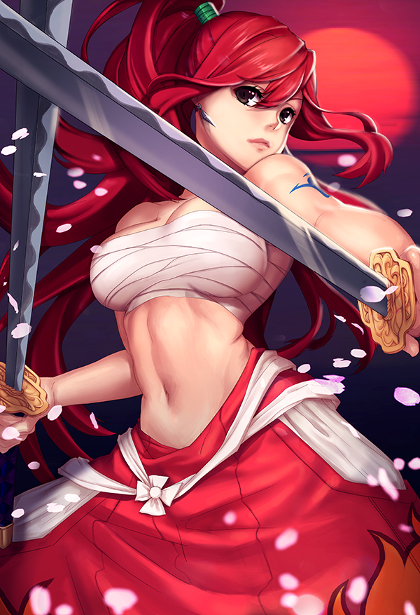 breasts cherry_blossoms dual_wielding earrings erza_scarlet fairy_tail female hakama japanese_clothes jewelry large_breasts long_hair lucidsky midriff petals ponytail ramen_(aquare9ia) ramen_(artist) red_hair sarashi solo sword tattoo weapon