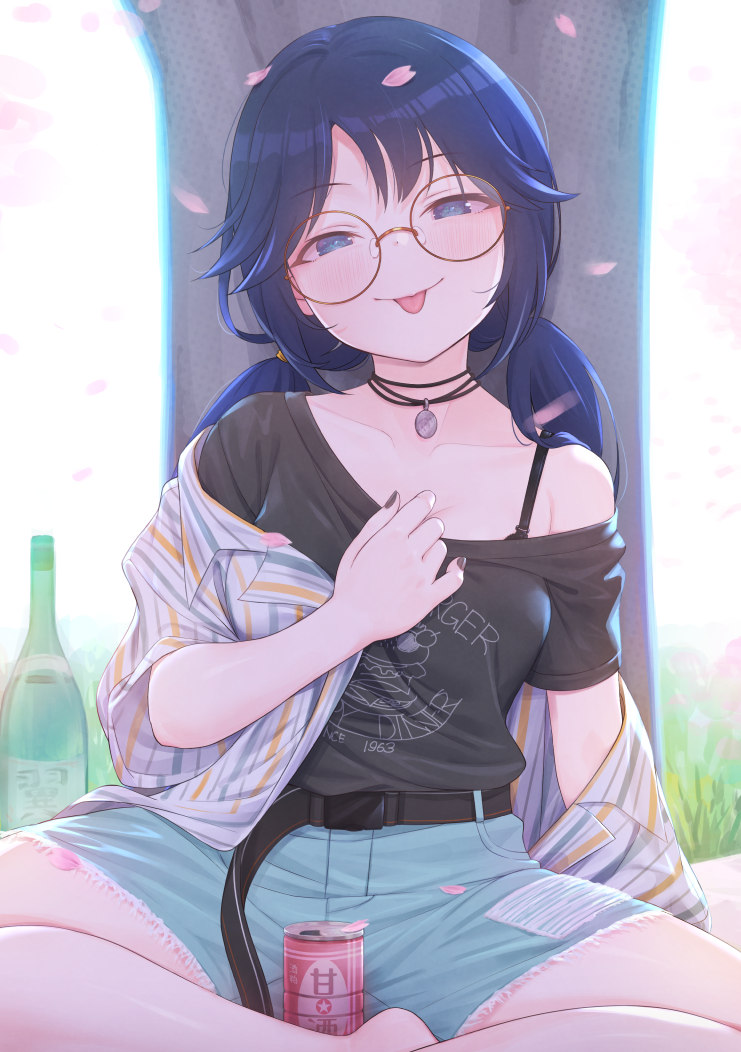 1girl :p backlighting bare_shoulders belt belt_buckle black_belt black_nails black_shirt blue_eyes blue_hair blue_shorts blush bottle buckle can closed_mouth collarbone collared_shirt commentary_request glasses grass hand_up head_tilt idolmaster idolmaster_shiny_colors long_hair looking_at_viewer low_twintails mitsumine_yuika nail_polish off_shoulder open_clothes open_shirt petals round_eyewear shirt short_shorts short_sleeves shorts smile solo striped striped_shirt tomamatto tongue tongue_out tree twintails vertical-striped_shirt vertical_stripes