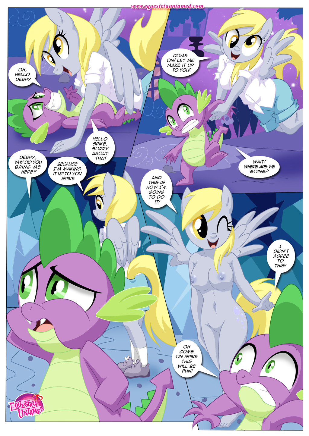 anthro areola bbmbbf big_breasts breasts comic derpy_hooves_(mlp) dialog dragon english_text equestria_untamed equine erect_nipples female friendship_is_magic horse male mammal my_little_pony nipples nude pegasus pony spike_(mlp) text wings