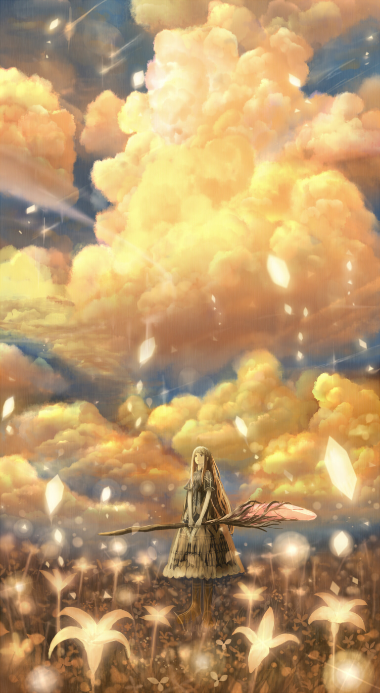 boots cloud cloudy_sky field flower flower_field highres holding long_hair looking_up original petals sakimori_(hououbds) sky solo staff standing twilight