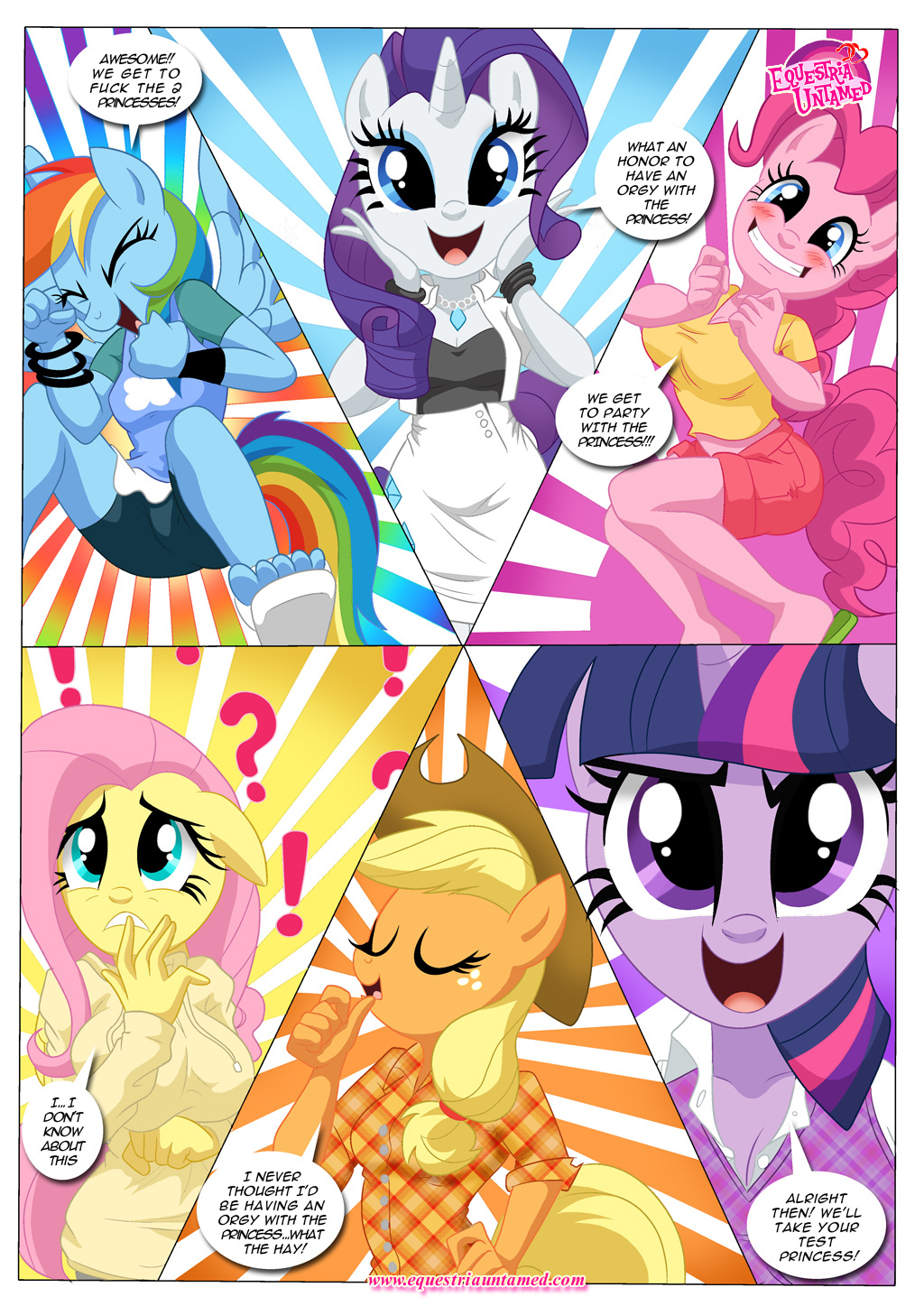 anthro applejack_(mlp) bbmbbf big_breasts breasts cleavage clothed clothing comic dialog english_text equestria_untamed equine female fluttershy_(mlp) friendship_is_magic horn horse mammal my_little_pony pegasus pinkie_pie_(mlp) pony rainbow_dash_(mlp) rarity_(mlp) text twilight_sparkle_(mlp) unicorn winged_unicorn wings