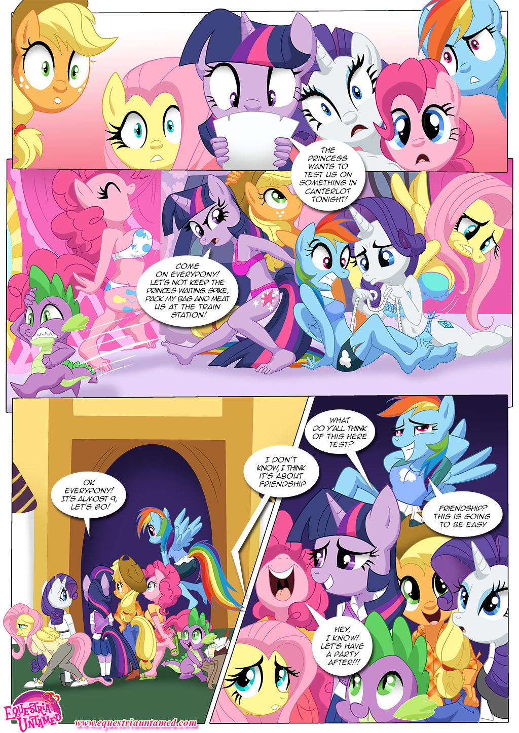 anthro applejack_(mlp) bbmbbf big_breasts breasts cleavage clothed clothing comic dialog dragon english_text equestria_untamed equine female fluttershy_(mlp) friendship_is_magic horn horse male mammal my_little_pony pegasus pinkie_pie_(mlp) pony rainbow_dash_(mlp) rarity_(mlp) skimpy spike_(mlp) text twilight_sparkle_(mlp) unicorn winged_unicorn wings