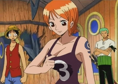 animated animated_gif black_hair breasts cleavage enies_lobby green_hair lowres monkey_d_luffy nami nami_(one_piece) one_piece orange_hair roronoa_zoro shirt_pull tattoo