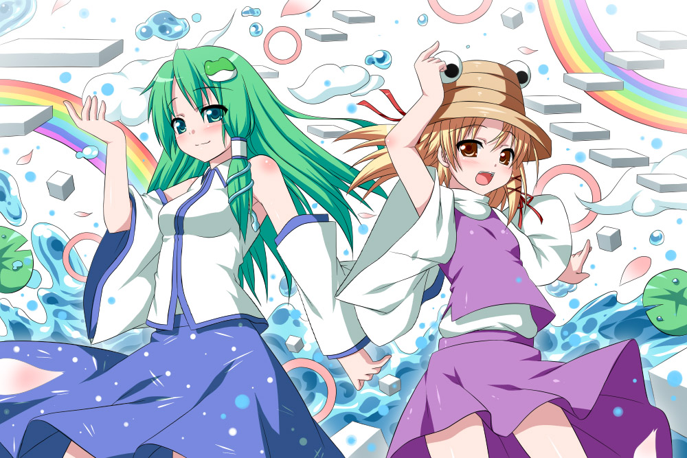 bad_id bad_pixiv_id bare_shoulders blonde_hair detached_sleeves double_rainbow eyes frog green_eyes green_hair hair_ornament hat kochiya_sanae lily_pad long_hair moriya_suwako multiple_girls rainbow short_hair touhou water yano_mitsuki yellow_eyes