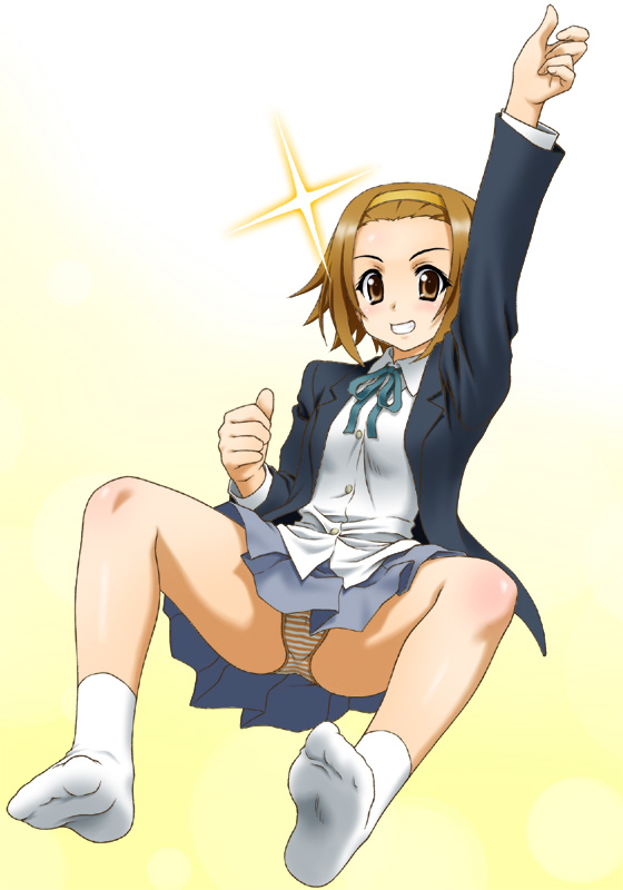 brown_eyes brown_hair feet hairband k-on! panties pantyshot peter_(gvb) school_uniform short_hair socks solo spread_legs striped striped_panties tainaka_ritsu tomboy underwear