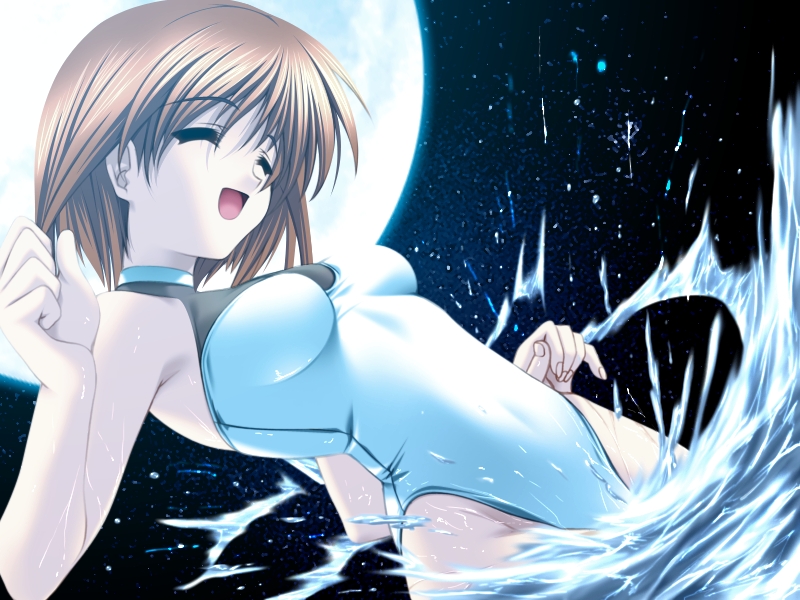 :d ^_^ brown_hair casual_one-piece_swimsuit closed_eyes dutch_angle game_cg highleg highleg_swimsuit impossible_clothes moon night night_sky non-web_source one-piece_swimsuit open_mouth senomoto_hisashi seto_konatsu short_hair sky smile solo splashing swimsuit turtleneck tutorial_summer wading water white_swimsuit