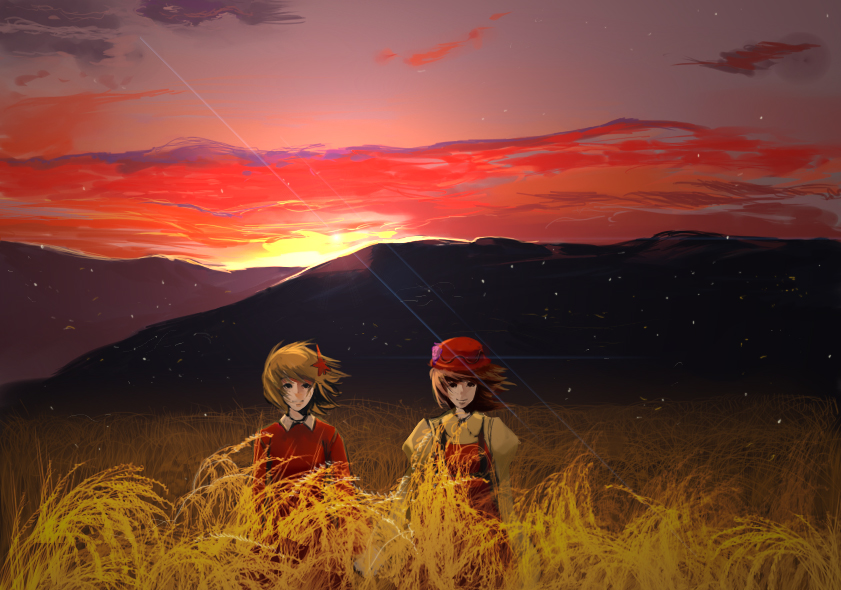 aki_minoriko aki_shizuha bad_id bad_pixiv_id miatsushi multiple_girls siblings sisters sunset touhou wheat
