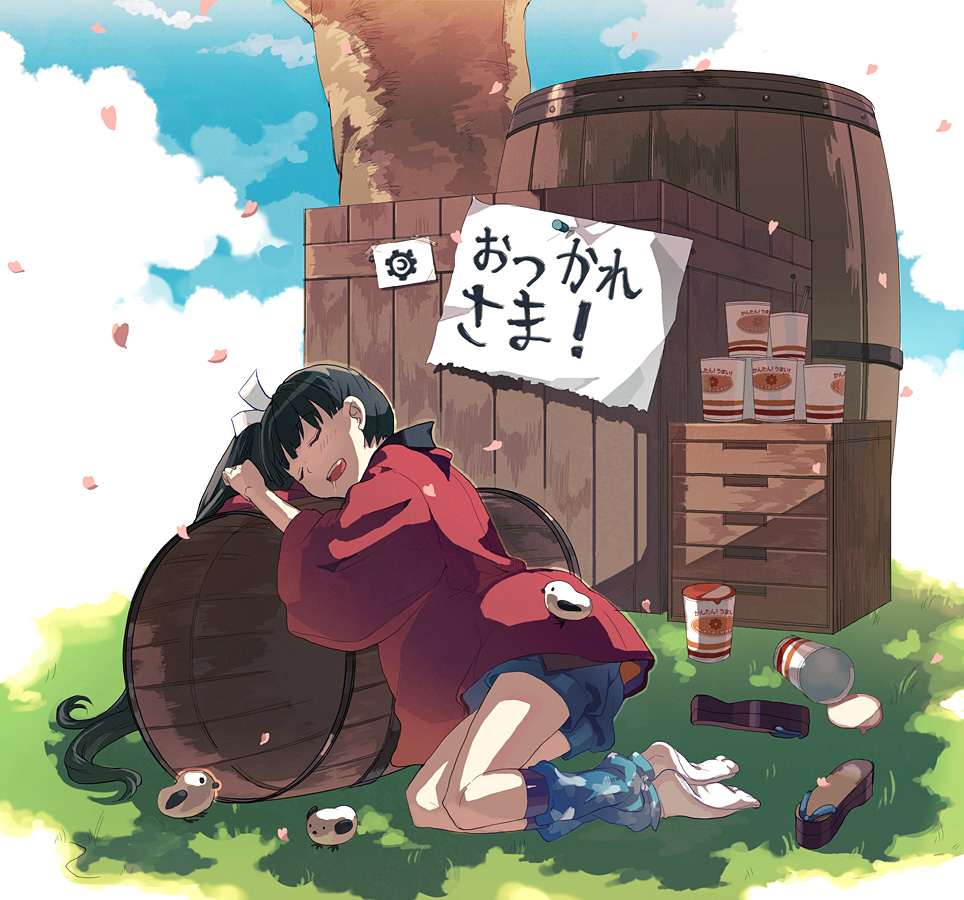 akatsuhara_empire bad_id bad_pixiv_id barrel bird black_hair chick chopsticks clog_sandals closed_eyes crate cup_ramen eihi field food leg_warmers long_hair lying noodles open_mouth petals pixiv_fantasia pixiv_fantasia_3 ramen saliva shoes_removed shorts side_ponytail sleeping socks solo tabi translated very_long_hair