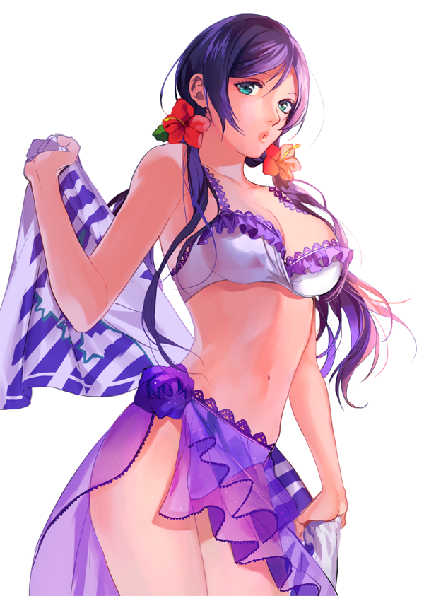 :o bad_id bad_pixiv_id bikini breasts cowboy_shot flower frilled_bikini frills green_eyes hair_flower hair_ornament hibiscus large_breasts lips long_hair looking_at_viewer love_live! love_live!_school_idol_project navel okki2012 purple_flower purple_hair purple_rose rose sarong see-through simple_background solo swimsuit toujou_nozomi twintails white_background