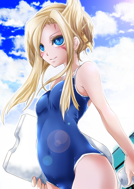 alternate_hairstyle bangs blonde_hair blue_eyes blue_swimsuit bottle breasts cloud colored_eyelashes competition_school_swimsuit covered_navel day drinking_straw esunoji facial_mark flipped_hair forehead_mark from_side genderswap genderswap_(mtf) hair_bun hair_ornament hair_up holding jewelry kickboard lens_flare light_smile long_hair looking_to_the_side mizael_(yuu-gi-ou_zexal) one-piece_swimsuit outdoors outline sidelocks sky small_breasts smile swept_bangs swimsuit yuu-gi-ou yuu-gi-ou_zexal