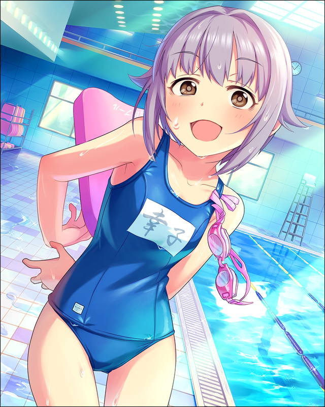 :d brown_eyes goggles goggles_removed idolmaster idolmaster_cinderella_girls indoors kickboard koshimizu_sachiko lane_line lifeguard_chair official_art one-piece_swimsuit open_mouth pool poolside purple_eyes school_swimsuit short_hair smile solo swimsuit