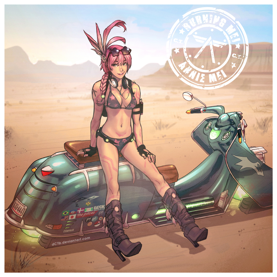alternate_hairstyle american_flag annie_mei annie_mei_project arm_at_side arm_support arm_tattoo armband bangs bikini boots border braid brazilian_flag breasts burning_man_festival caleb_thomas character_name cowboy_boots danish_flag desert digital_media_player eyewear_on_head feathers fingerless_gloves flcl full_body gloves green_eyes grin ground_vehicle hair_feathers hair_over_shoulder haitian_flag hand_on_own_thigh headphones headphones_around_neck high_heel_boots high_heels hover_bike hover_scooter japanese_flag leg_tattoo long_hair looking_at_viewer medium_breasts mesa motor_vehicle navel outdoors parted_lips pink_hair print_bikini pubic_tattoo science_fiction scooter shoes side_braid sidesaddle single_braid sitting smile solo star star-shaped_eyewear star_print sticker sunglasses swimsuit tattoo the_pillows watermark web_address
