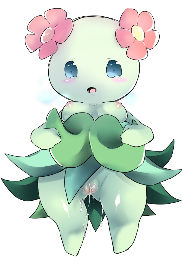 big_thighs blue_eyes blush breasts female flora_fauna flower flower_in_hair knjknj looking_at_viewer nintendo plain_background pok&#233;mon pok&eacute;mon pussy pussy_juice skirt skirt_lift solo source_request standing unknown_artist video_games white_background