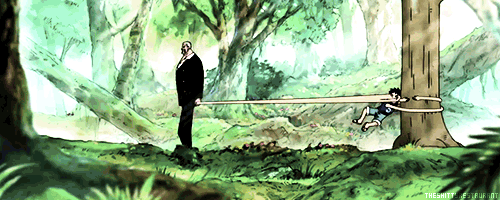 2boys animated animated_gif east_blue family forest grandchild grandfather grandfather_and_grandson monkey_d_garp monkey_d_luffy multiple_boys nature one_piece rubber shueisha stretch tree walking younger