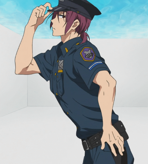 1boy animated animated_gif cosplay dancing free! future_fish hat male male_focus matsuoka_rin police police_uniform red_hair uniform