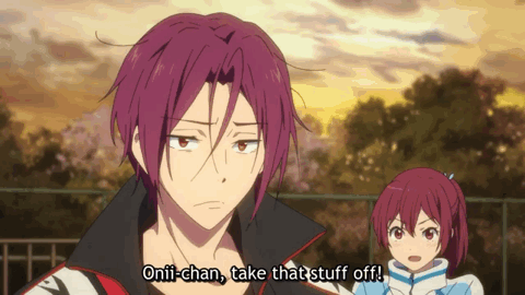 1boy 1girl animated animated_gif brother_and_sister camera female free! free!_eternal_summer lowres male matsuoka_gou matsuoka_rin ponytail purple_hair red_eyes red_hair siblings sunset