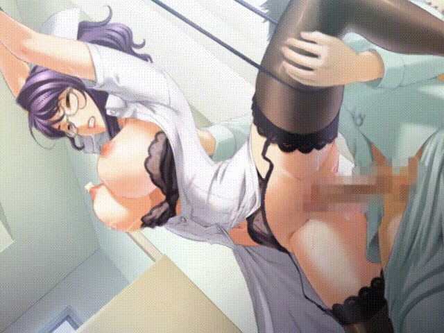 akamine_akira animated animated_gif bra breasts censored clenched_teeth cum cum_on_clothes doctor game_cg garter_belt glasses lace large_breasts leg_up lingerie penis puffy_nipples purple_hair sano_toshihide teeth thighhighs underwear