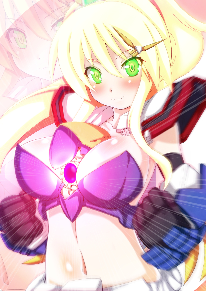 :3 armor bikini_armor blonde_hair blush bra breasts collarbone ebi_193 elbow_gloves gloves glowing god_gundam green_eyes gundam hair_ornament large_breasts long_hair looking_at_viewer mecha_musume midriff navel personification ringed_eyes shoulder_pads smile solo third_eye underwear very_long_hair