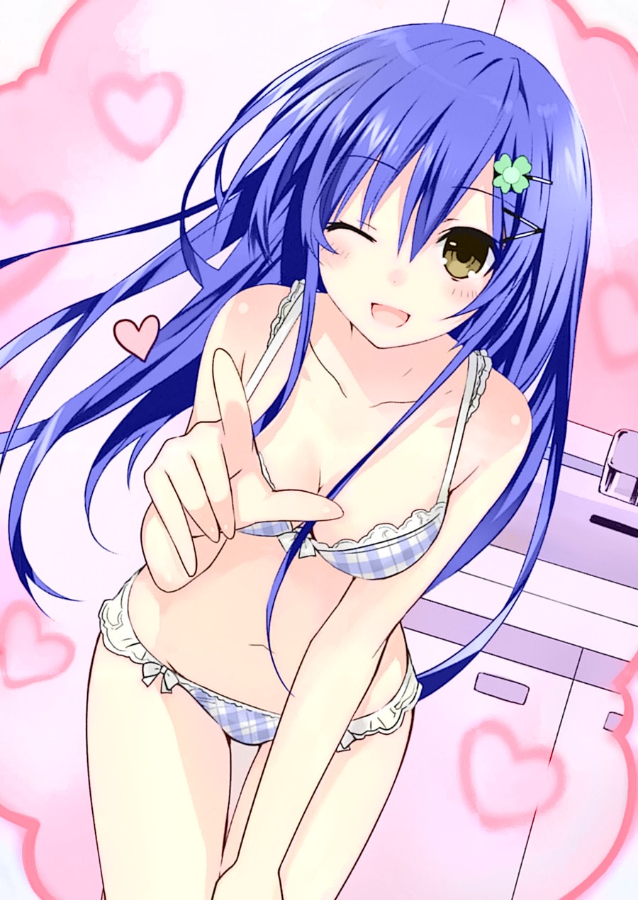 7a61 bad_id bad_pixiv_id blue_hair blush bra breasts cleavage colorized date_a_live derivative_work genderswap genderswap_(mtf) heart highres itsuka_shiori leaning_forward long_hair looking_at_viewer medium_breasts one_eye_closed open_mouth panties smile solo underwear underwear_only very_long_hair