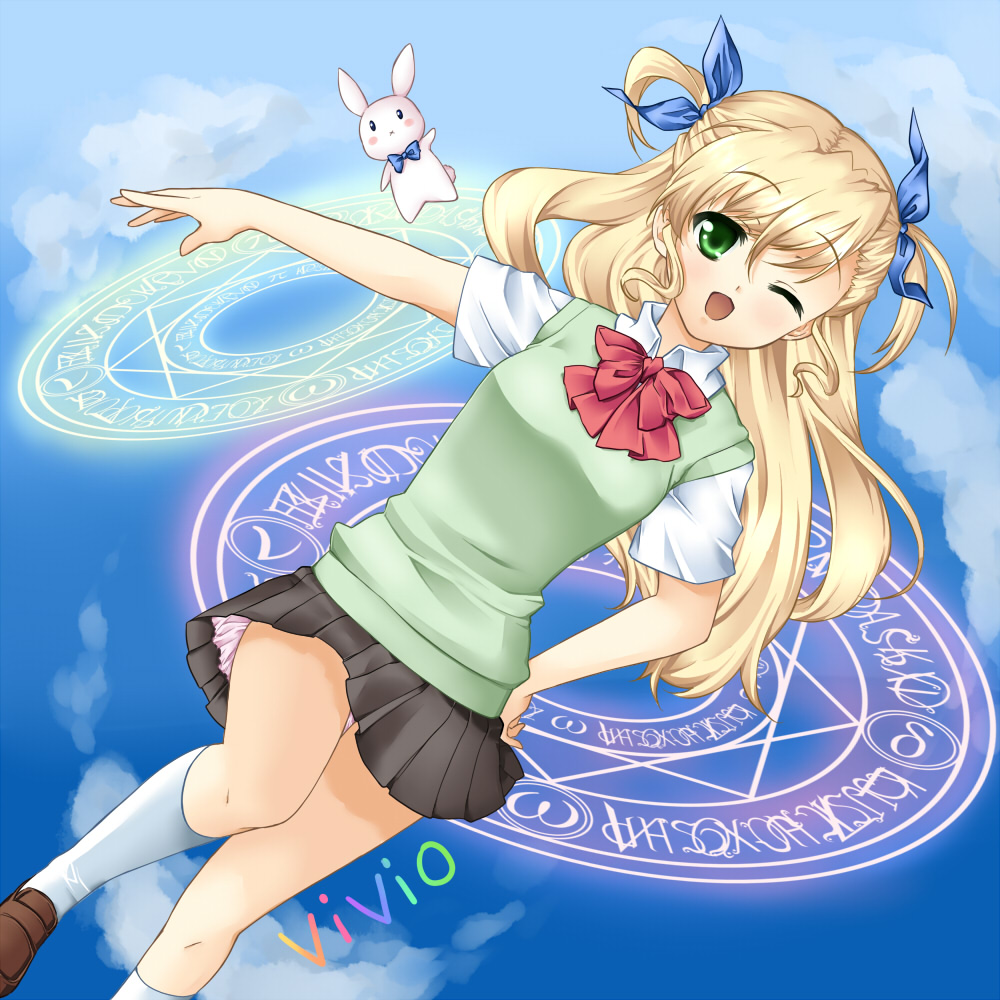 467_(artist) bad_id bad_pixiv_id blonde_hair blush bow bowtie bunny cloud day floating green_eyes hair_ribbon hand_on_hip kneehighs loafers long_hair lyrical_nanoha magic_circle mahou_shoujo_lyrical_nanoha_strikers mahou_shoujo_lyrical_nanoha_vivid one_eye_closed open_mouth ribbon sacred_heart shoes sky smile socks solo two_side_up vivio