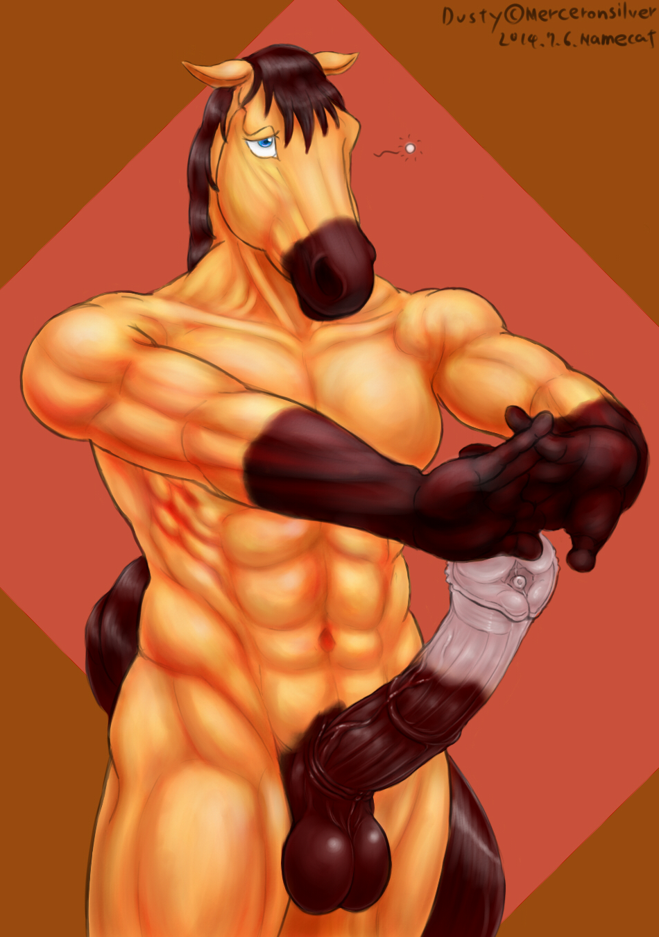 abs anatomically_correct animal_genitalia anthro biceps big_penis equine erection gloves_(marking) hair hi_res horse horsecock long_hair male mammal manly markings muscles namecat navel nude pecs penis solo standing vein veiny_penis