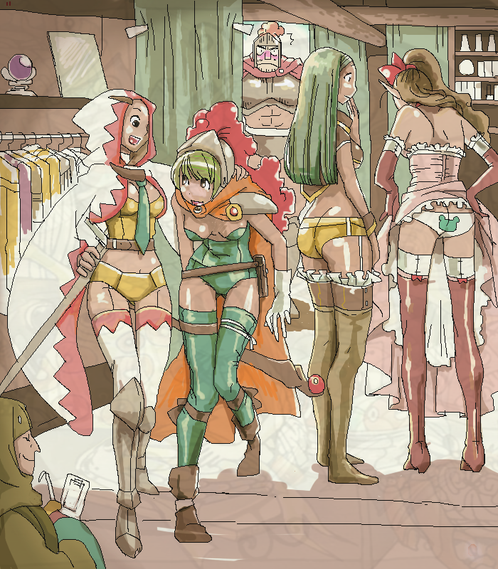 4girls armor bikini_armor changing_room final_fantasy friends greaves green_hair knight leotard long_hair mov multiple_girls necktie oekaki shelf shelves shop shopping surprised thighhighs tie upskirt white_mage