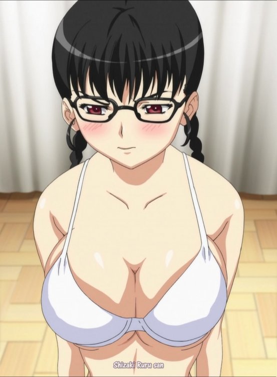 black_hair blush bra breasts glasses large_breasts red_eyes seikon_no_qwaser shiizaki_lulu text undersized_clothes underwear