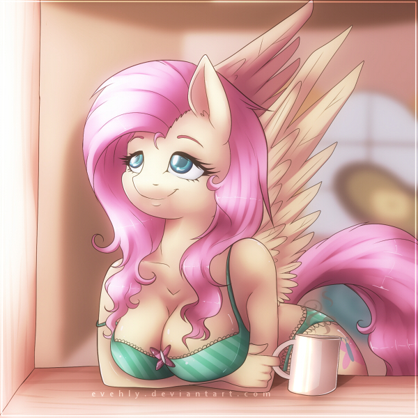 anthro anthrofied bra cleavage clothed clothing cup equine evehly eyelashes female fluttershy_(mlp) friendship_is_magic fur hair inside long_hair mammal my_little_pony panties pegasus pink_hair smile solo underwear wings yellow_fur