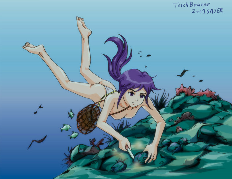 air_bubble ass bag barefoot breasts breath bubble clam_shell coral diving fish freediving fundoshi holding_breath japanese_clothes knife long_hair medium_breasts net nipples ocean original ponytail purple_hair saver_(artbysaver) swimming topless underwater