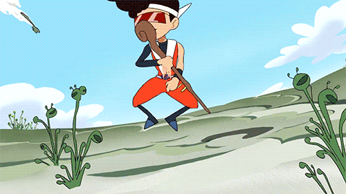 1boy alternate_form animated animated_gif black_hair cloud dandy_(space_dandy) flying laser_beam male male_focus sky space_dandy speed_lines staff sunglasses weapon