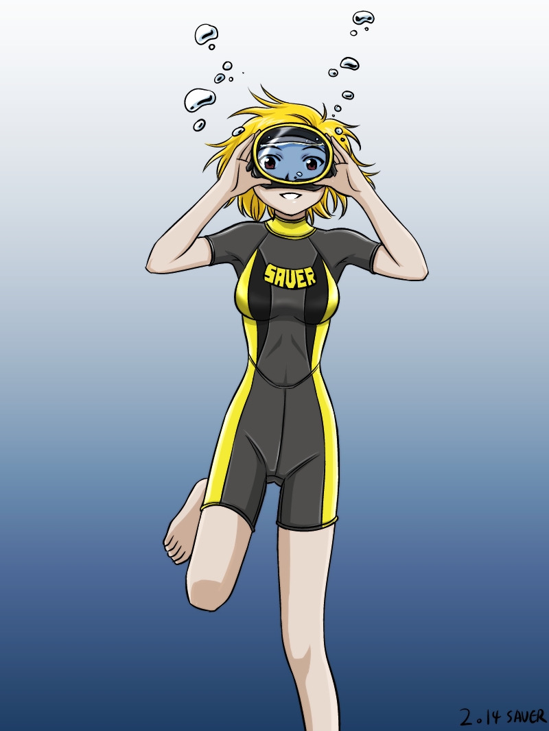 air_bubble barefoot blonde_hair breath bubble diving diving_mask diving_mask_on_eyes freediving holding_breath looking_at_viewer ocean open_mouth original saver_(artbysaver) short_hair smile solo swimming underwater water wetsuit