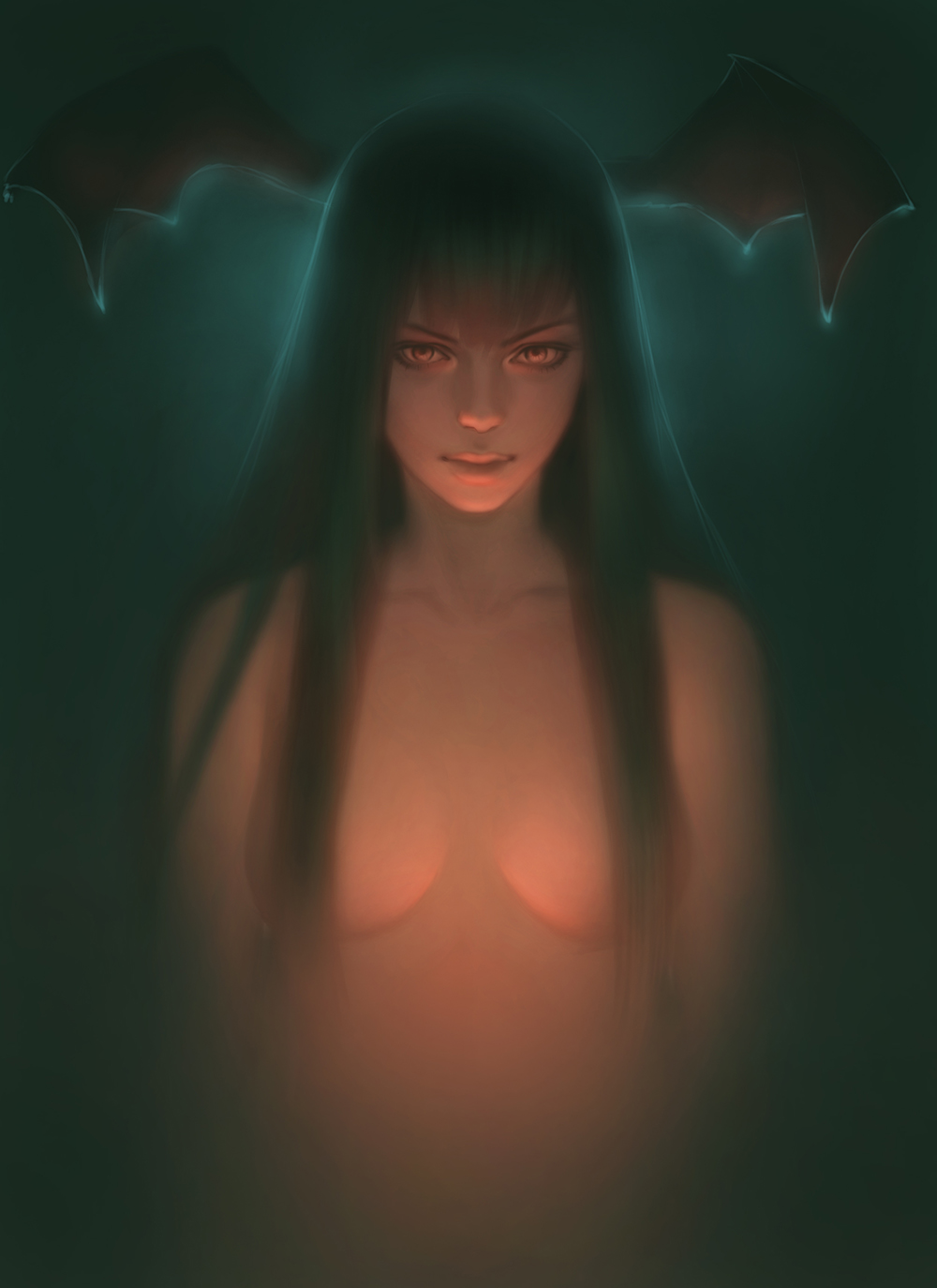 &gt;:) backlighting bad_id bad_pixiv_id bangs bat_wings blunt_bangs blurry closed_mouth convenient_censoring dark glowing green_hair hair_over_breasts head_wings highres light_smile lips long_hair looking_at_viewer morrigan_aensland nose nude poenatsha_yuen realistic smile solo upper_body v-shaped_eyebrows vampire_(game) wings